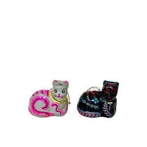 Vintage Papier Mache Cat Painted Chinese Folk Art Ornaments Set of Two Small